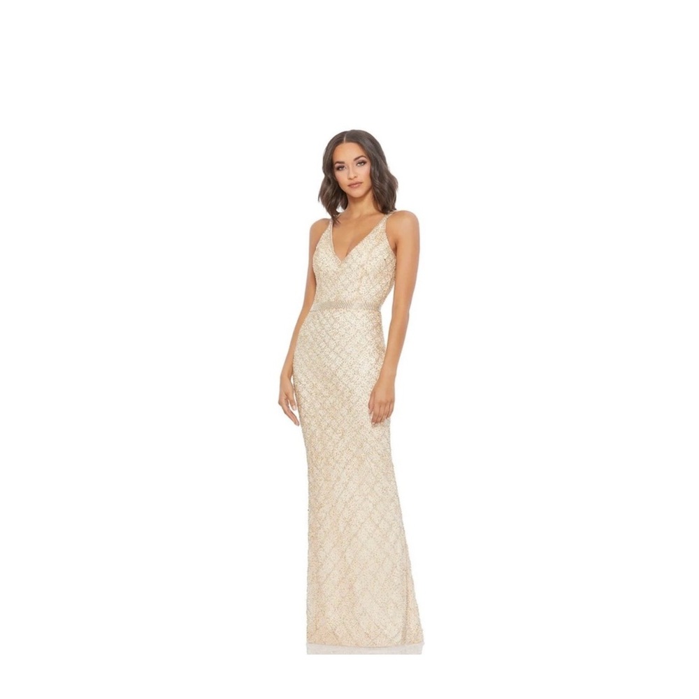 NEW MAC DUGGAL LATTICE PATTERN STRAPPY BACK BEADED GOWN SZ 2